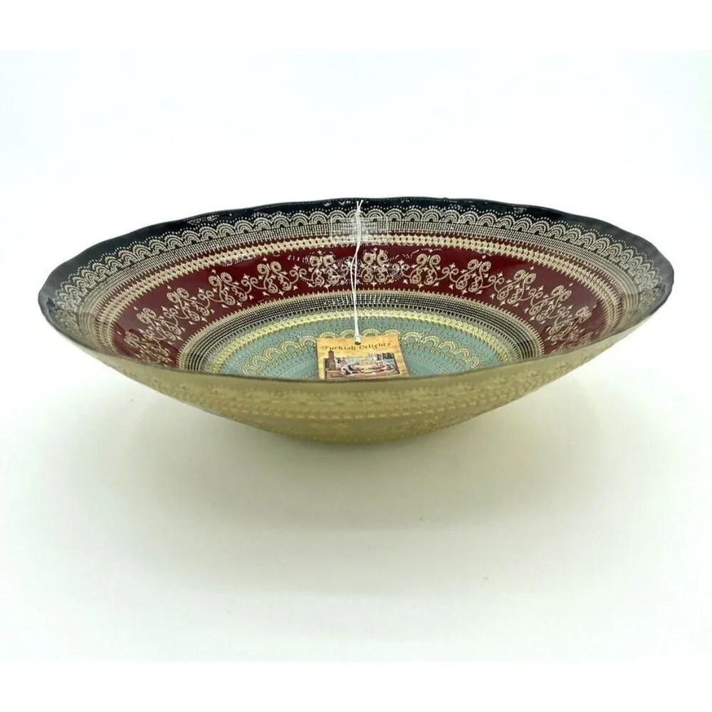Turkish Delights Glass Bowl Serving Dinner Red Blue Gold Handmade 11.75” NWT